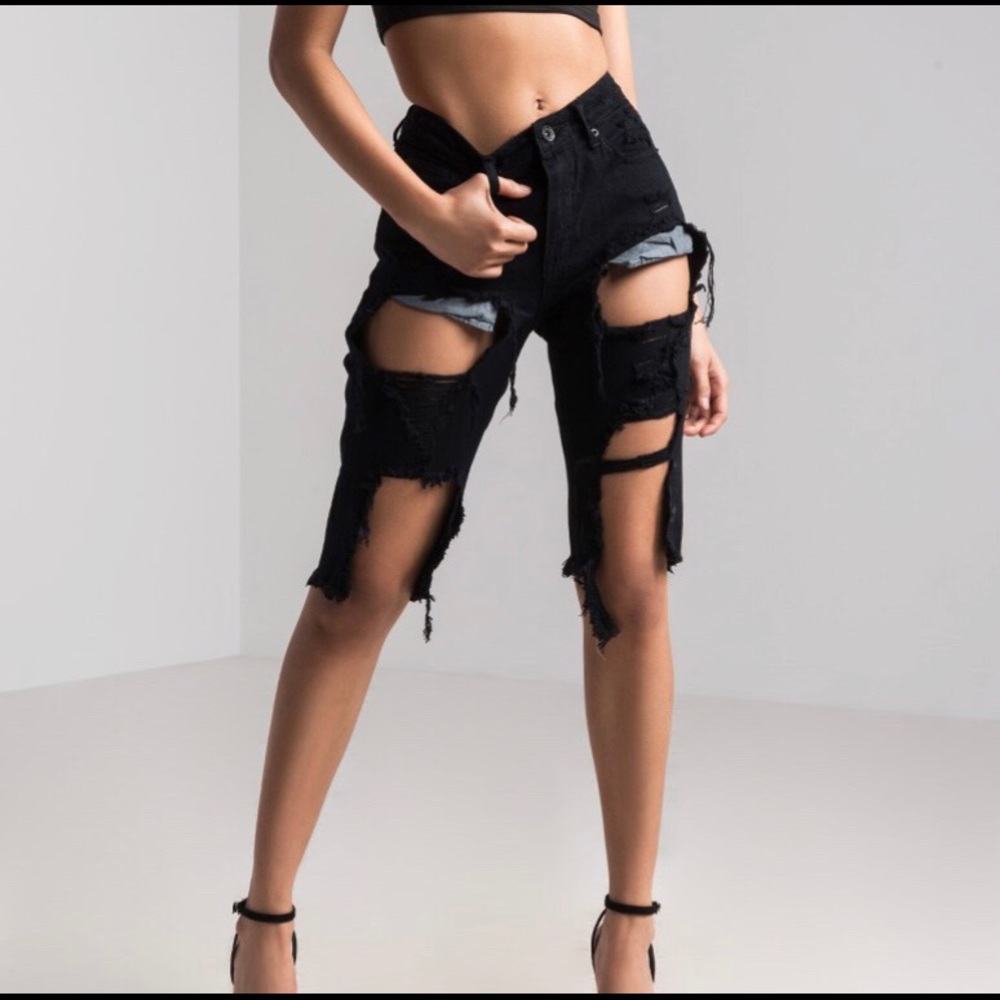 Black Distressed Denim Shorts